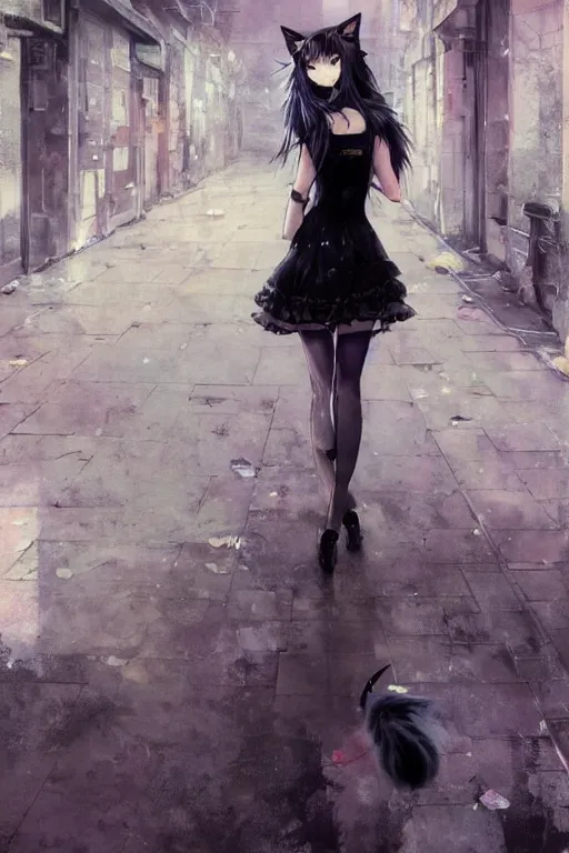 Image similar to anime neko girl with cat ears wearing a black lace dress and thigh highs walking in a depressing soviet city, expressive oil painting, digital art, highly detailed, character art, by yoshitaka amano, by greg rutkowski, by conrad roset, volumetrics, octane render