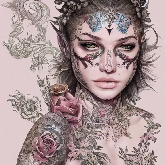 Image similar to Rebeca Ferguson as a female warrior, body covered in floral tattoos, D&D, fantasy, highly detailed, digital art, trending on artstation, smooth, sharp focus, illustration, art by Peter Tang and artgem