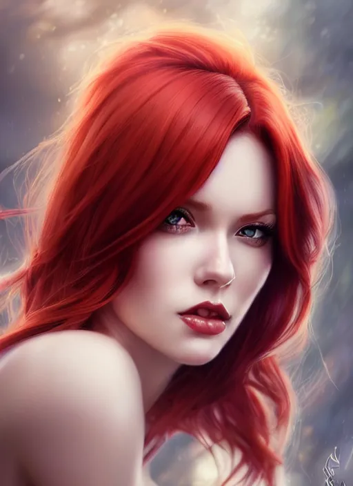 Image similar to photo of gorgeous woman with half white half red hair in the style of stefan kostic, realistic, half body shot, sharp focus, 8 k high definition, insanely detailed, intricate, elegant, art by stanley lau and artgerm, foggy backgeound, pinup, fantasy