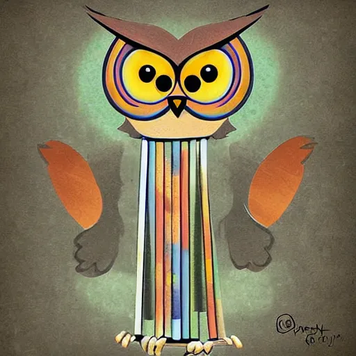 Image similar to owl playing pan flute, digital art