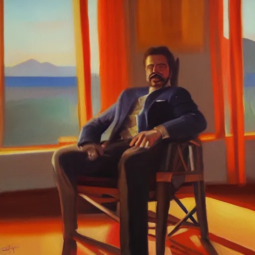 Image similar to detailed oil painting of tony stark sitting in an armchair in a room with the setting sun, by jama jurabaev, golden hour