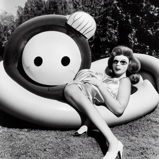 Image similar to 1976 glamorous curvy woman wearing an inflatable smiley head, wearing a dress, in a small village full of inflatable animals, 1976 French film archival footage technicolor film expired film 16mm Fellini new wave John Waters Russ Meyer movie still