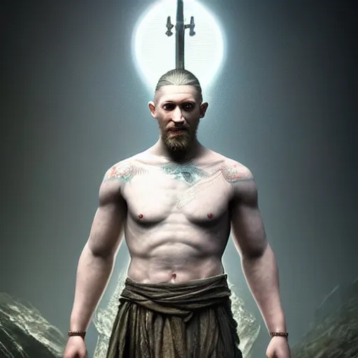 Image similar to hyperrealistic full body mixed media image of a tom hardy as elvish god of light, stunning 3 d render inspired art by greg rutkowski and xiang duan and thomas eakes, realistic, highly detailed attributes and atmosphere, dim volumetric cinematic lighting, 8 k octane detailed render, post - processing, masterpiece,