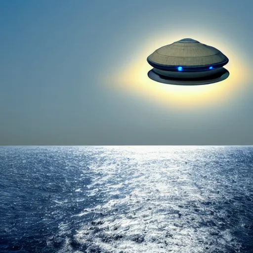 Image similar to a realistic photograph of a ufo in the shape of a saucer with no apparent propulsion system, glowing in a blue light, photographed above sea water with waves