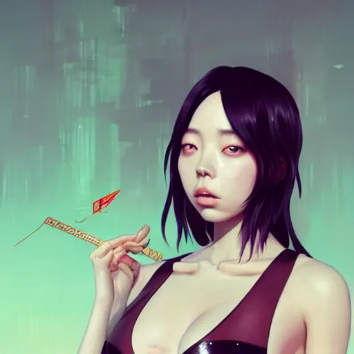 Prompt: a beautiful young korean kpop star billie eilish lucy liu alluring instagram model in elaborate latex bikini tank top, tank top made from latex demon faces, by guweiz and wlop and ilya kuvshinov and artgerm and, aesthetic, gorgeous, stunning, alluring, attractive, artstation, deviantart, pinterest, digital art