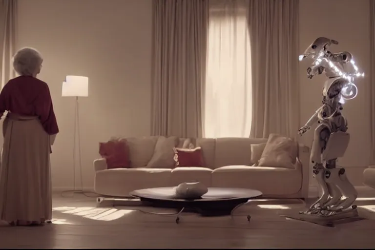 Prompt: VFX movie of old woman helping a futuristic assistant robot in a decadent living room by Emmanuel Lubezki