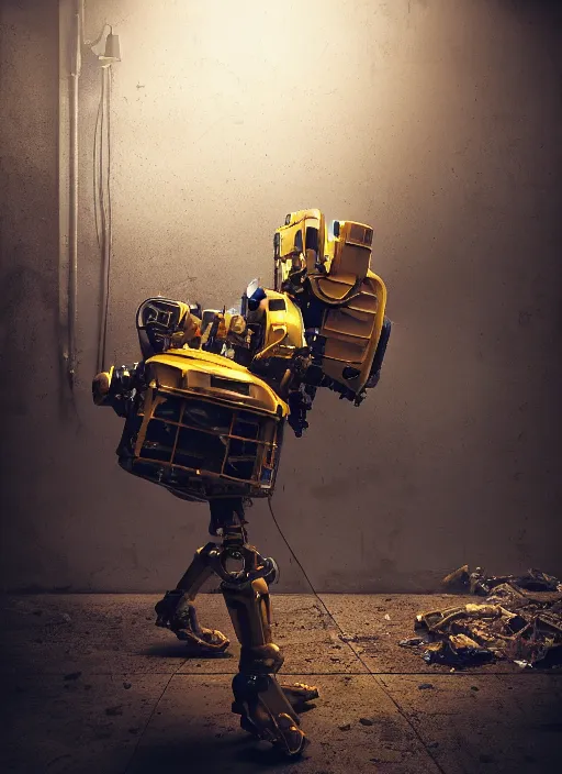 Image similar to a photorealistic dramatic hyperrealistic render of a futuristic exosuit power loader heavy machinery, ultra realistic details, glossy yellow, well worn, rust, oil stains by vitaly bulgarov and mike nash, beautiful dramatic dark moody tones and lighting, cinematic atmosphere, studio lighting, shadows, dark background, octane render, 8 k