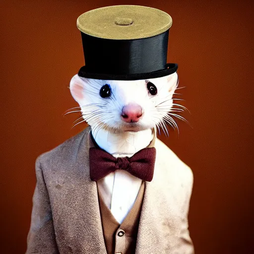 Prompt: “photograph of a ferret wearing a top hat and a monocle, high quality, hd, 8k”