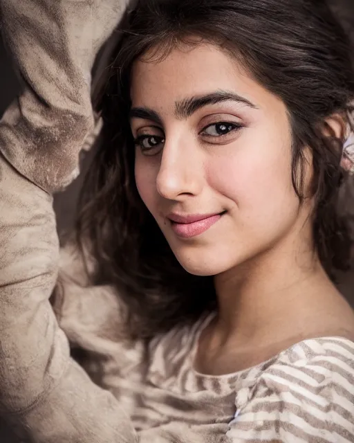 Image similar to a highly realistic, true to life portrait of a beautiful young middle eastern girl, soft focus, from the waist up, with sharp features, a beautiful face, soft smile, under studio lighting, taken with a canon eos camera with 1 3 5 mm focal length