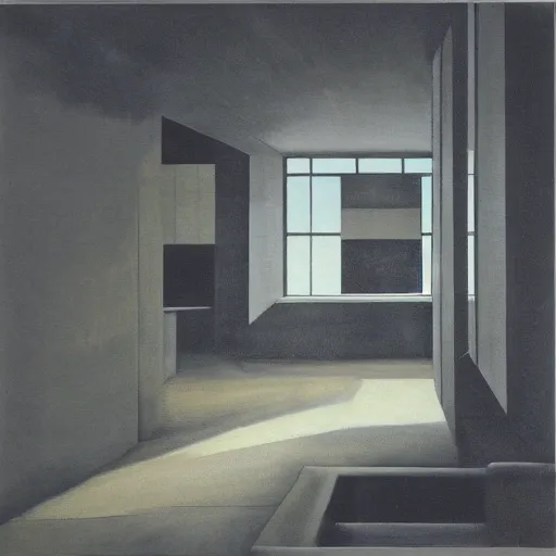 Image similar to interior of a modern brutalist house, night,