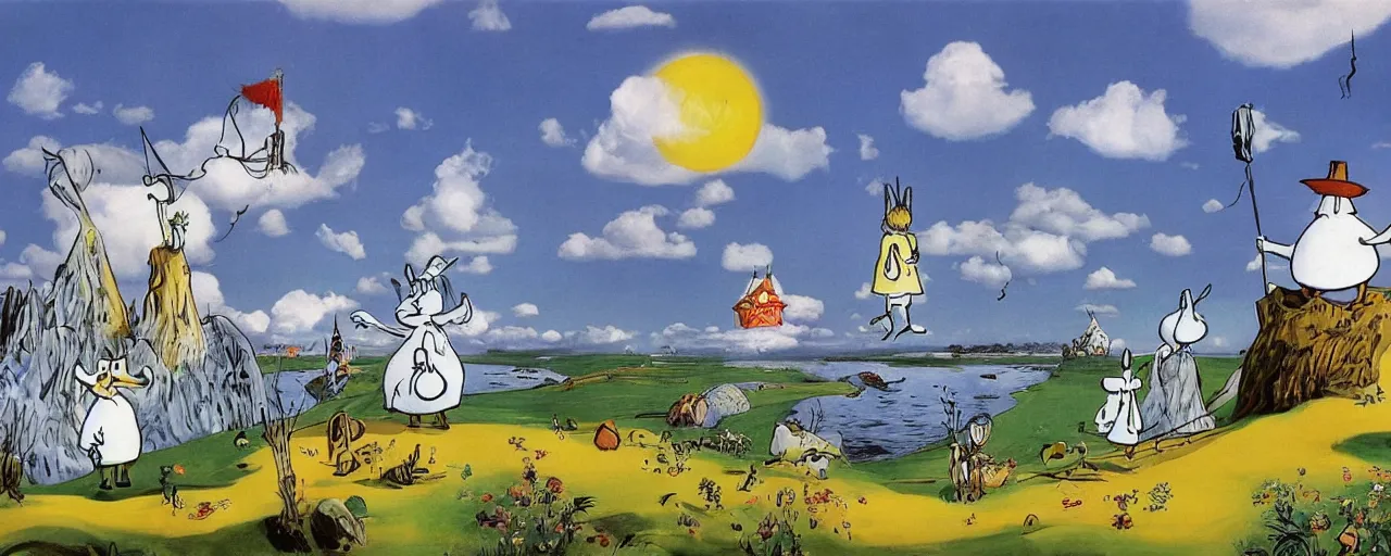 Prompt: the moomins in moominvalley, salvador dali painting, very detailed!, high quality, 4 k