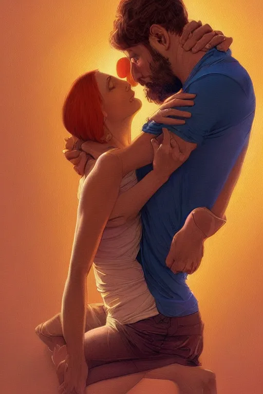 Image similar to portrait of tinfoil hat man in orange t - shirt hugging from behind his wife in a bed, feelings, romantic, fantasy, intricate, elegant, highly detailed, digital painting, artstation, concept art, smooth, sharp focus, illustration, art by artgerm and greg rutkowski and alphonse mucha