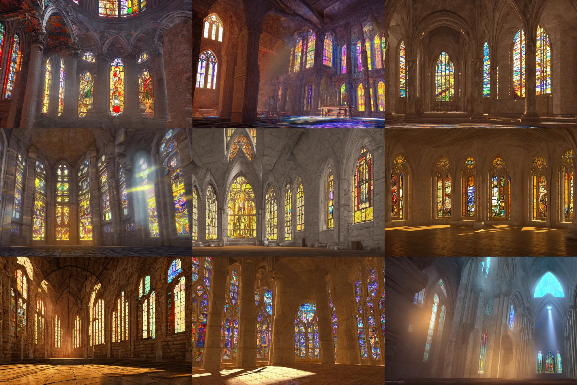 Prompt: wide-angle high-res rendering of the inside of an ancient stone cathedral with light shining through colorful stained glass, intricate, elegant, sunrays, trending on Artstation, stunning volumetric lighting, Unreal Engine, 8K