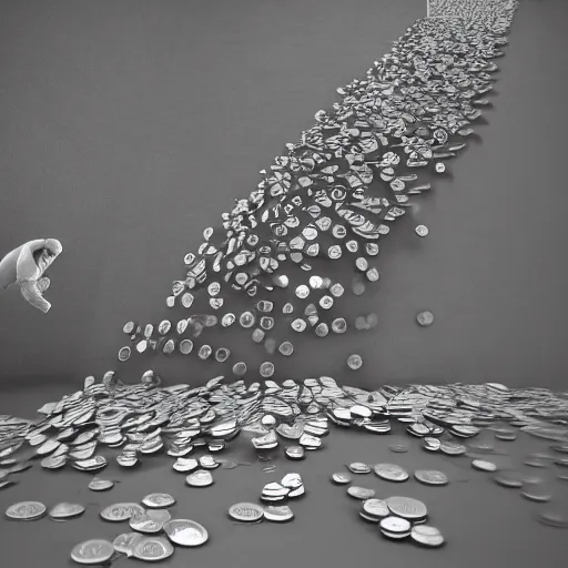 Image similar to Man falling down stairs with hundreds of coins shooting out of him, low poly, 3d, raytraced, soft shadows, detailed, 4k