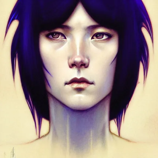 Image similar to Masterpiece head and shoulder portrait of Major Kusanagi from Ghost in the Shell drawn by Donato Giancola and Tom Bagshaw, face by Artgerm and Edmund Leighton, Alphonse Mucha, background by James Jean and Gustav Klimt, 4k, porcelain skin, komorebi, french nouveau, trending on artstation, octane render, hyperrealistic