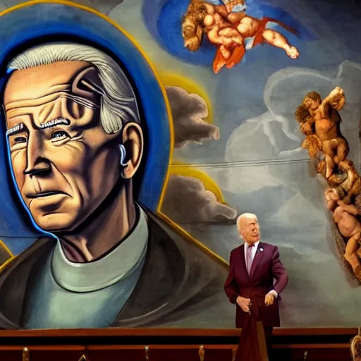 Image similar to a church mural depicting joe biden as a god, 4 k, highly detailed, painted by michelangelo