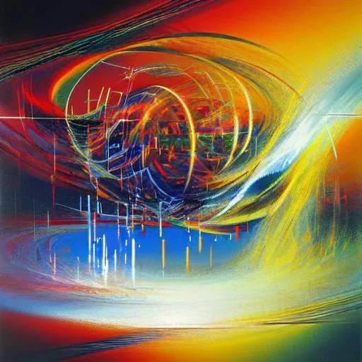 Image similar to abstract art representing momentum, oil painting by john berkey and gabriel dawe, masterwork