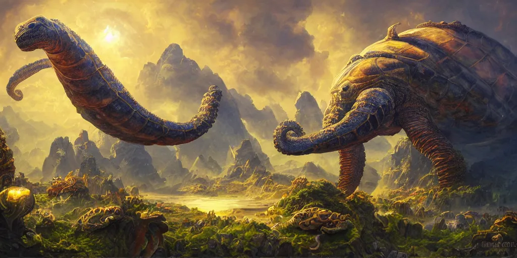 Image similar to fantasy oil painting, great leviathan, cybernetic turtle cephalopod terrapin reptilian pachyderm squid, hybrid, anubis, epic, natural light, lush plants flowers, spectacular mountains, bright clouds, ufo, luminous sky, outer worlds, golden daple lite, craig mullins, michael cheval