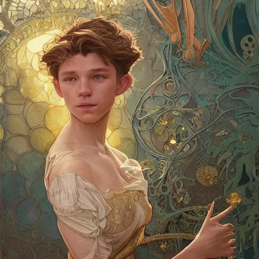 Prompt: tom holland, highly detailed, very intricate, art nouveau, gold filigree, romantic storybook fantasy, soft cinematic lighting, award winning, disney concept art watercolor illustration by mandy jurgens and alphonse mucha and alena aenami, pastel color palette, featured on artstation