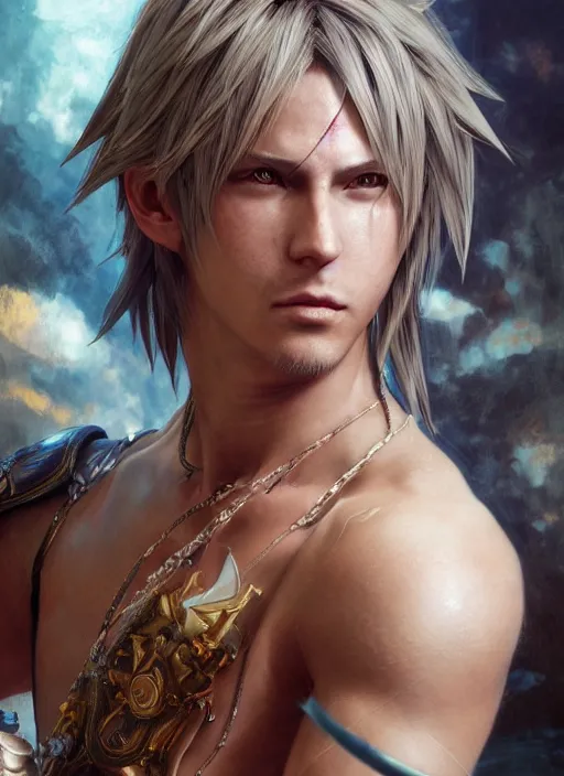 Image similar to a Photorealistic dramatic hyperrealistic render of a beautiful Final Fantasy 10 character Tidus by WLOP,Artgerm,Greg Rutkowski,Alphonse Mucha, Beautiful dynamic dramatic dark moody lighting,shadows,cinematic atmosphere,Artstation,concept design art,Octane render,8K