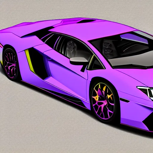 Image similar to isometric view of a black painted Lamborghini Aventador SV with purple highlights