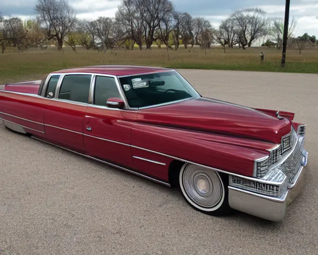 Prompt: a cadillac deville with open trunk filled with bags of money