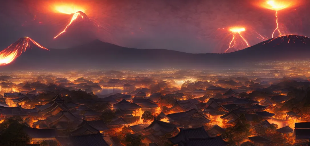 Image similar to view of an ancient japanese city at night, erupting volcanoes in the background, dramatic clouds, glowing fog, dramatic lighting, ultra detailed, sharp, ambient occlusion, raytracing, by greg rutowski, paul chadeisson and jessica rossier