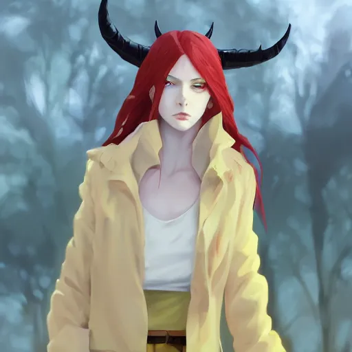 Image similar to a pale redheaded demoness with yellow eyes and horns wearing a jacket, highly detailed, digital painting, artstation, matte, by makoto shinkai, animation style