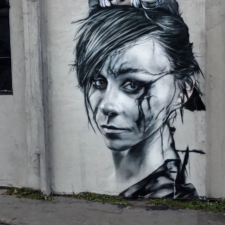 Prompt: Street-art portrait of The Girl with the Dragon Tattoo in style of Etm Cru, photorealism