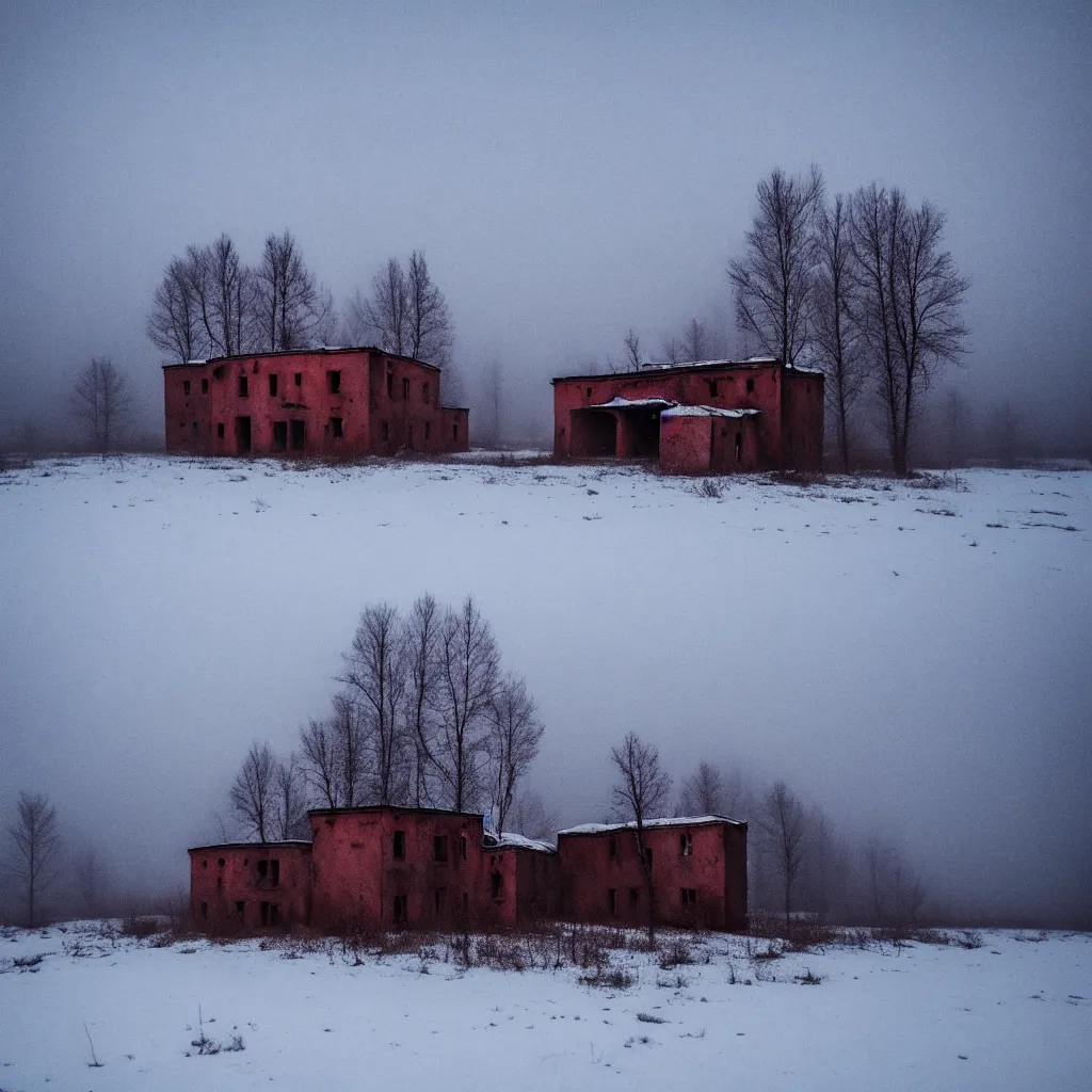 Prompt: landscape with brutalistic soviet architecture style abandoned lifeless house, near foggy forest, dark winter evening, snowing, strong, blizzard, atmospheric, mystical, very detailed 4 k, professional photography