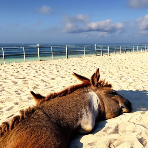 Image similar to A donkey lying on a sunbed near the beach, photorealistic