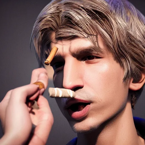 Image similar to a high quality photo of xqc smoking a cigar, 3d scene, render, ultra realistic, artstation, cgsociety