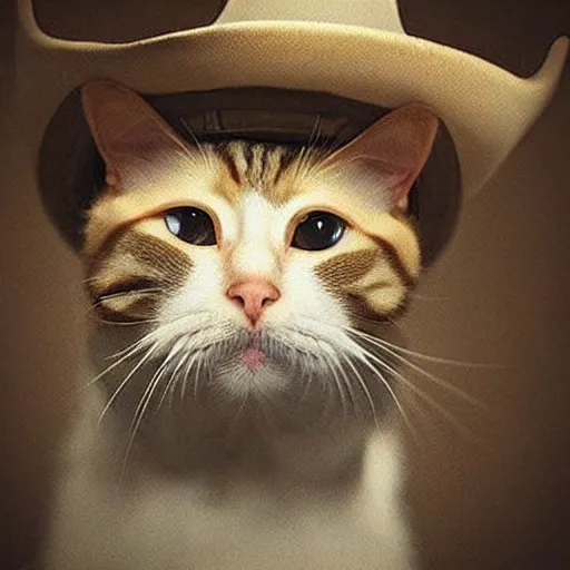 Image similar to a crying cat wearing a cowboy hat