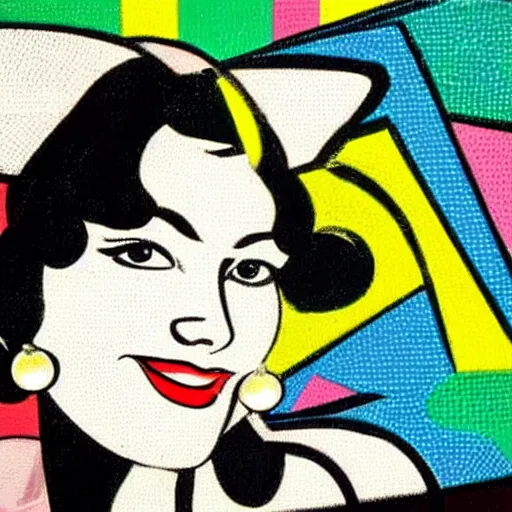 Prompt: a closeup oil portrait of an innocent, elegant cat, smiling, wearing pearl earrings, pop art, by roy lichtenstein