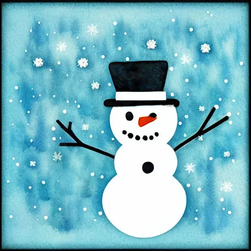 Image similar to mixed media winter snowman icon collage illustration in soft watercolor style, ice blue cold hues