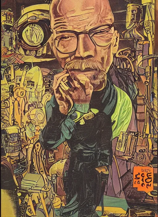 Prompt: Walter White as space wizard in retro science fiction cover by Stanisław Lem, vintage 1970 print