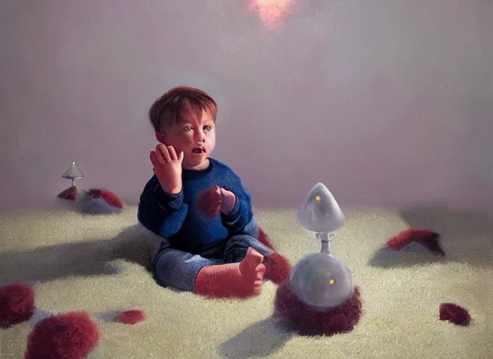 Image similar to toddler elon musk sitting on a shaggy rug playing with his little rockets, bedroom, realistic painting, beautiful soft lighting, istvan sandorfi