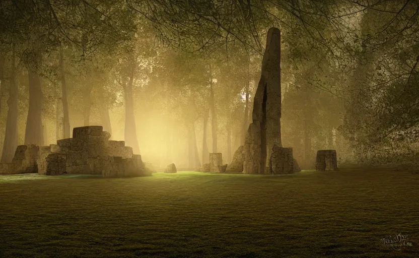 Prompt: incredible wide shot of the interior of a neolithic temple in the forest, dusk, light fog, digital art