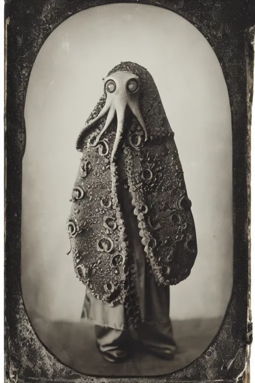 Image similar to a wet plate photo of an anthropomorphic octopus dressed as pope