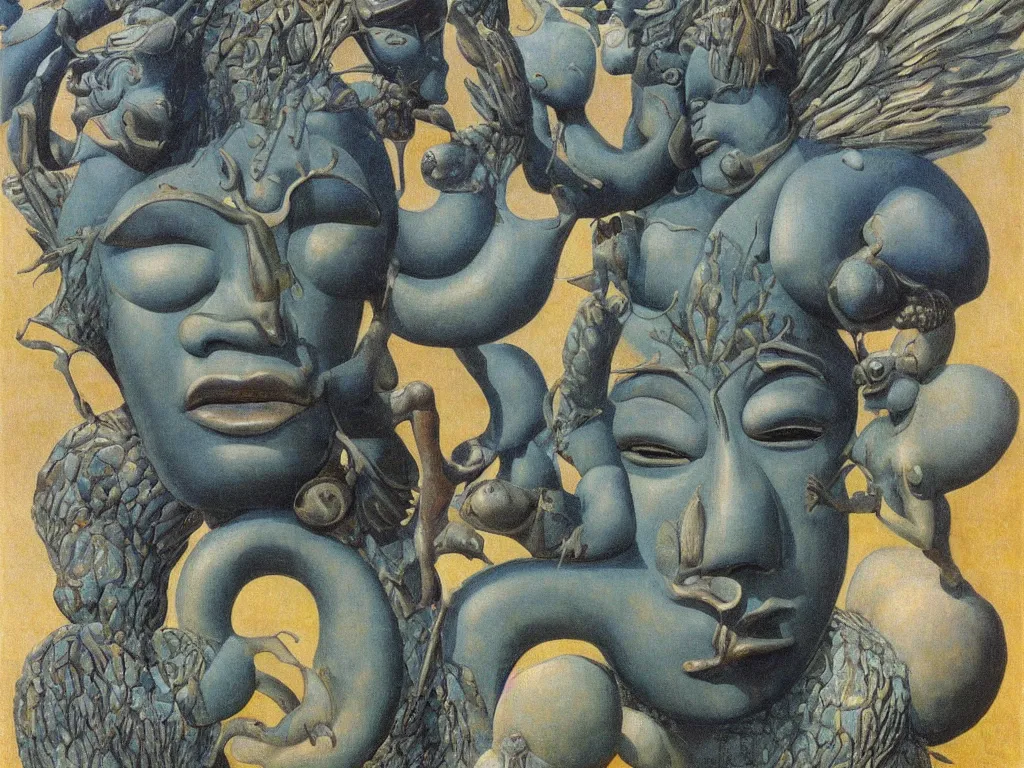 Prompt: African god mask, sculpture, Henri Moore giant, blue eyed, looking from the water conch. Boulders of marbled rocks, spiked, wings. Painting by Rene Magritte, Moebius, Jean Delville, Max Ernst, Maria Sybilla Merian, Alfred Kubin