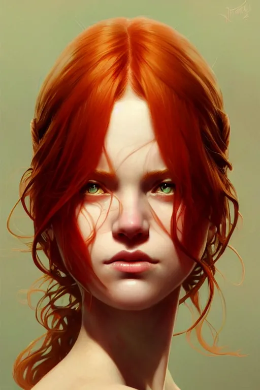 Image similar to a beautiful redhead warrior girl, fantasy, portrait, sharp focus, intricate, elegant, digital painting, artstation, matte, highly detailed, concept art, illustration, ambient lighting, art by ilya kuvshinov, artgerm, Alphonse mucha, and Greg Rutkowski