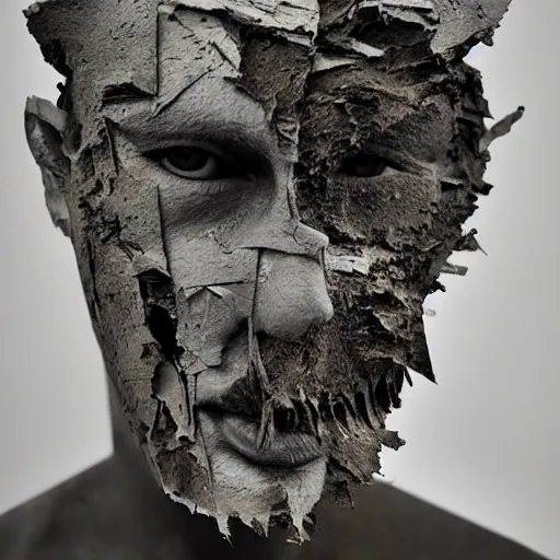 Prompt: surrealism sculpture by enrico ferrarini, human face, torn and ferocious.