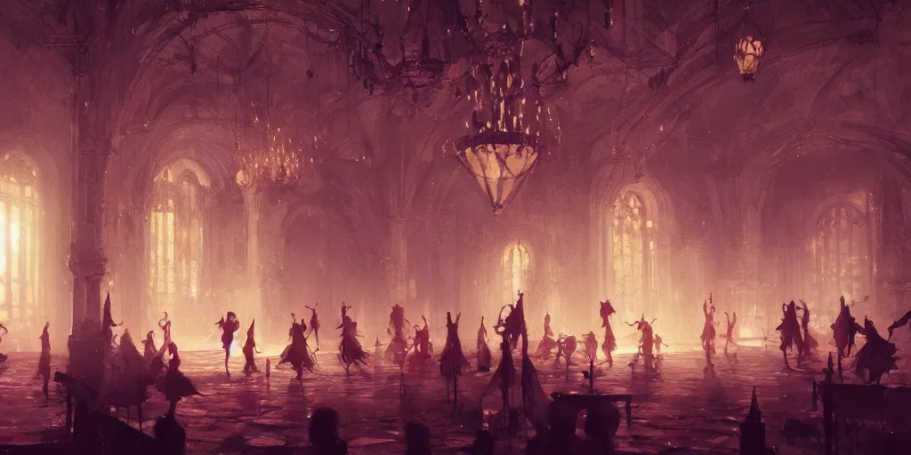 Prompt: beautiful render of a ballroom, concept art, some dancers, at night, medieval!!, very bright, artstation, detailled, manga!, fantasy! by greg rutkowski