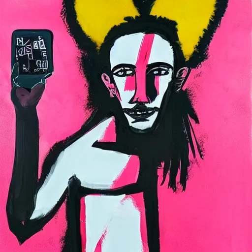 Image similar to A mirror selfie of a handsome muscular man with white angel wings and black devil horns, holding iPhone, pitchfork, pink background, abstract Basquiat oil painting with thick paint strokes