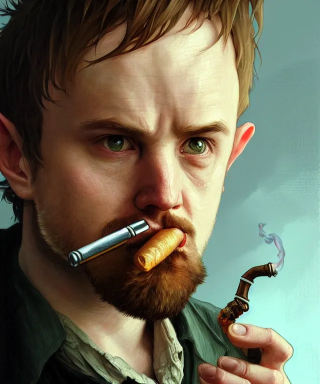 Prompt: portrait hobbit jesse pinkman, smoking a pipe, caricature, headshot, highly detailed, digital painting, artstation, concept art, sharp focus, cinematic lighting, illustration, art by met mangindaan, artgerm and greg rutkowski, alphonse mucha, cgsociety