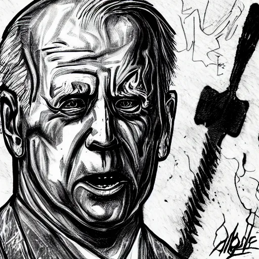 Image similar to grunge, aggressive sketch, messy lines, dark strokes, drawing of demonic joe biden as a caricature in the style of Jacob Shaw,creepy, surreal, trending on artstation