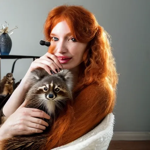 Prompt: a stunning hyper-detailed closeup portrait photo of a slender beautiful smiling woman with long ginger hair and bangs, wearing a luxurious silk robe, wearing headphones and posing with her large ginger tabby cat and her raccoon and parrots in an overstuffed easy chair in her sunlit victorian living room, holding a porcelain parrot-shaped coffee mug and a donut, perfect eyes, fashion photography, octane render, unreal engine, 85 mm lens,