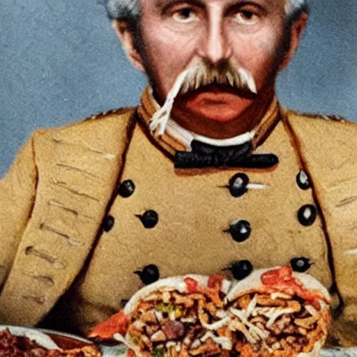 Image similar to a 1 8 5 8 colorized photo of general pitzer a union general eating a large chicken burrito with cheese and salsa