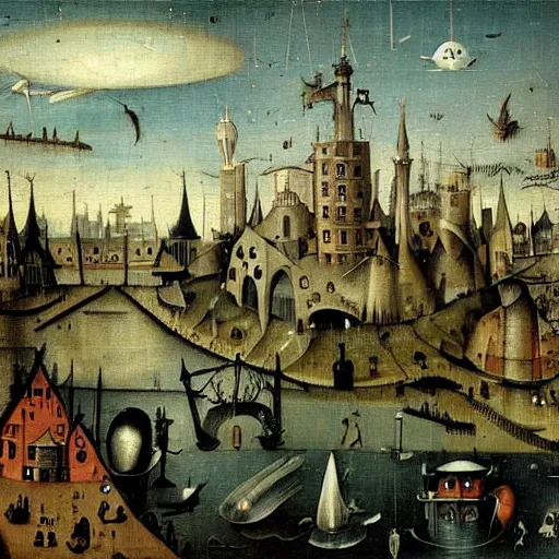 Prompt: riverside steampunk city, painting by hieronymus bosch