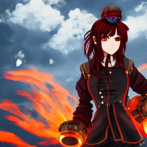 Image similar to steampunk beautiful anime woman, red shirt brown pants, black and blue hair, symmetrical face, symmetrical eyes, action scene, shooting fire war, detailed, summer setting, cinematic lighting